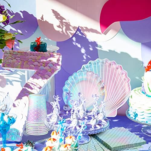 200 PCs Mermaid Party Supplies 100 PCs 7 polegadas 9 polegadas de papel dispensável de papel de concha, 50 guardanapos de sereia e 50 xícaras de sereias de sereias para o chá de bebê Decorações de festas no oceano
