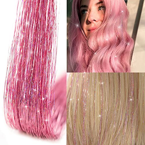 Tinsel de cabelo, maços de 12pcs de 20,5 polegadas de clipe rosa em extensões de cabelo de ponta Kit de cabelo de fada resistente ao calor para mulheres meninas Acessórios de cabelo deslumbra
