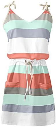 Mrgiinri feminino 2023 Vestido listrado de verão Casual V Spaghetti Strap Mini vestidos elásticos cinto de cintura