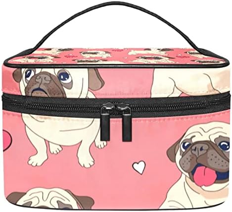 Bolsa de maquiagem de viagem Yoyoamoy, cachorro de pug fofo, lindos corações rosa grandes estojos cosméticos Make Up