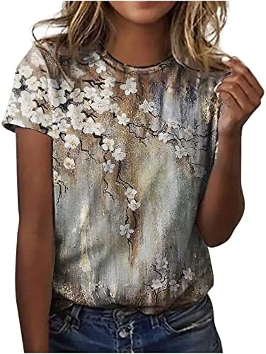 Camisetas casuais para feminino de manga curta de luvas de luvas de plumas de flores gráficas relaxadas Bloups T camisetas ladras