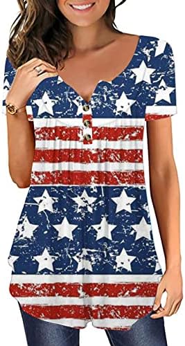 4 de julho Tops for Women 2023, bandeira dos EUA Tee impressa Holida Casual Henley Camisa Plated Button Down Bloups