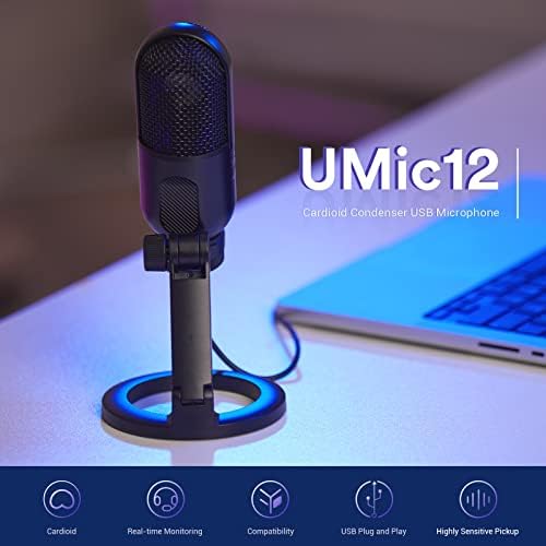 Microfone de condensador de cardióides USB UMIC12, kit de microfone USB com suporte de tabela dobrável e saída de fone de ouvido, plugue USB tipo C e reprodução com iOS, PC e Mac, para gravação, jogo, YouTube, reunião