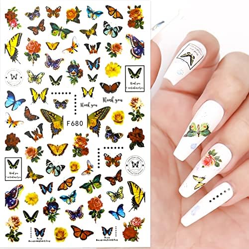Ambsi Butterfly Nail Art Stickers 10 folhas, decalques de unhas auto-adesivas 3D Decoração de unhas coloridas diy, azul roxo amarelo rosa borboletas flores artes de unhas de arte para mulheres ou menina
