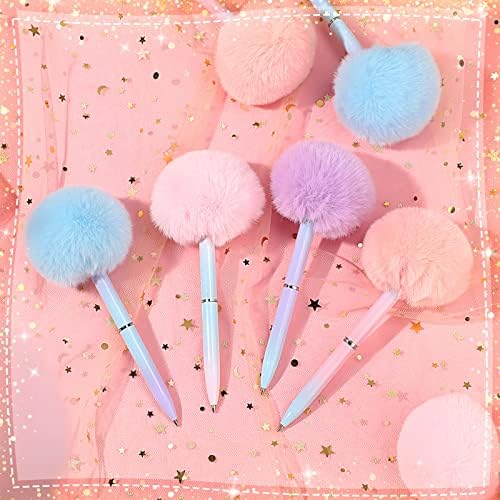 Epakh 24 peças fofas caneta esferográfica pompom caneta fofa canetas kawaii caneta sofisticada 0,5 mm canetas de pelúcia pastel para garotas de escritórios escolares, roxo, coral, rosa, azul