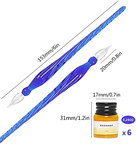 Joi-Fun-Fun High Borossilicate Glass Dip Pen Ink- 3 Canetas de caligrafia de cristal com 6 tintas coloridas e detentor de caneta para arte, escrita, assinaturas, decoração, presente, conjunto de presentes de férias comerciais