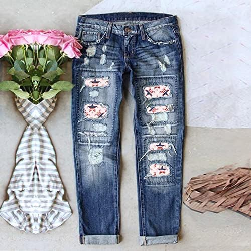 Classic Plus Womens Jeans Independence Day Print Ripped calças de baixo para mulheres