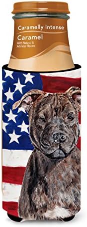 Tesouros de Caroline SC9633MUK Staffordshire Bull Terrier Staffie com American Flag USA Ultra Hugger para latas finas, lata de
