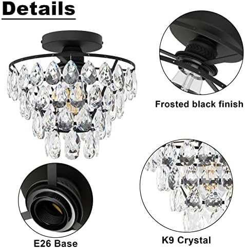 Aceley Black Crystal Candelier Crystal Teto Light Semi Flush Mount Chandelier Crystal Lustelier Para entrada no quarto do armário, Base E26
