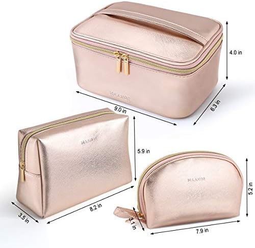 Maange 3 PCs Bolsa de maquiagem Bag portátil Bolsa de cosméticos Organizador de bolsas de maquiagem com zíper -ouro de bolsas