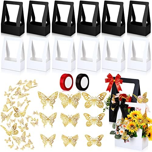 CTOsree 12 PCs Caixa de flores Sacos de papel artesanal para flor com 36 PCs 3d Decoração de parede de borboleta, caixa de presente Decorações de borboleta dourada 3D para casamento de casamento