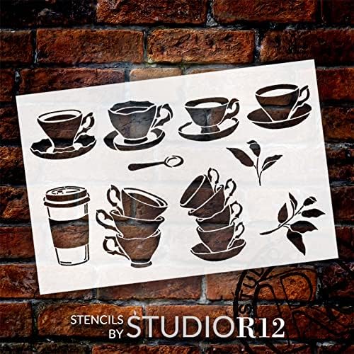 Café, xícara de chá e estêncil de arte de folhas por Studior12 | Modelo de chá reutilizável | Idéias de pintura, decoração