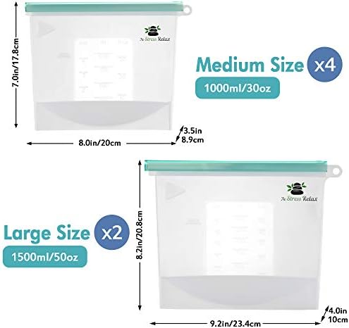 Freezer reutilizável Sacos de silicone de armazenamento seguro de alimentos 4 PCs [2x1.5L+2x1L] Sacos de trava com