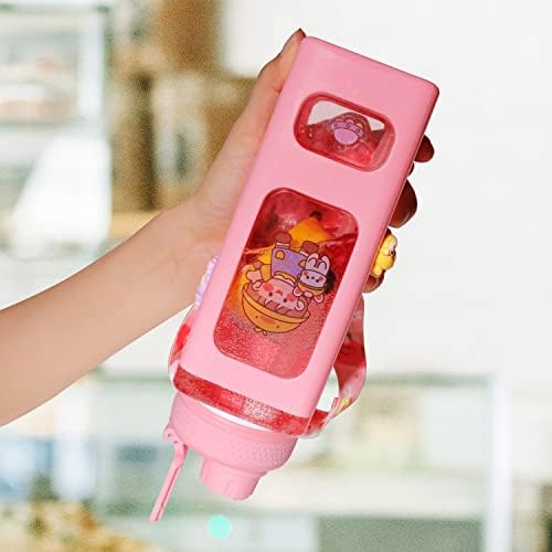 Garrafa de água para meninas com palha, garrafa de vazamento de água fofa 700 ml rosa e fofa garrafa de água com cinco adesivos fofos e adesivos 3D