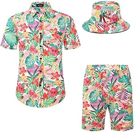 Camisa havaiana masculina de Medar e roupas de férias de 2 peças definem Button Casual Down Beach Floral Suits com chapéus de balde