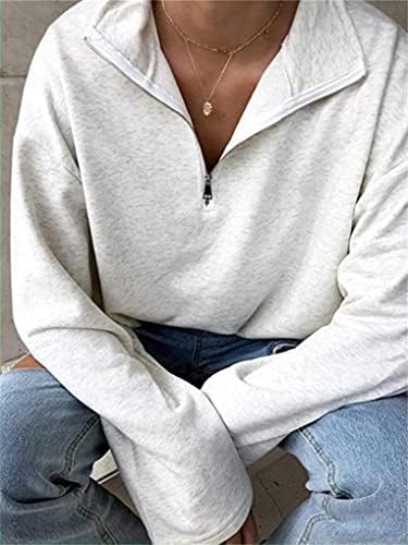 Fronage Quarter zip Pullover mulheres lapela de camisola de tamanho grande casual Tops de manga longa