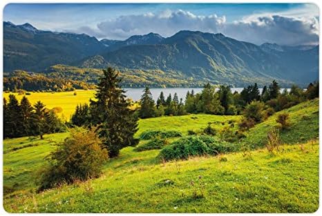 Ambesonne Landscape Pet Tapete Para comida e água, manhã de verão no lago Bohinj no Parque Nacional Eslovênia Greenery Nature, retângulo