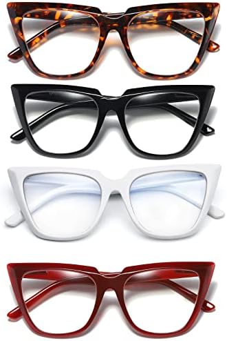 Kokobin 4 pacote de tamanho de gato de grande porte de óculos de leitura para mulheres ， azul bloqueando a dobradiça