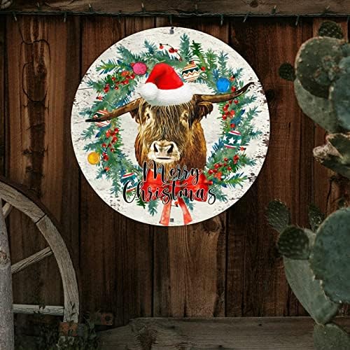 Decstic Welcome Sign Merry Christmas Round Tin Metal Metal Hat Christmas Cow Mistleto Wreath Sign Sign