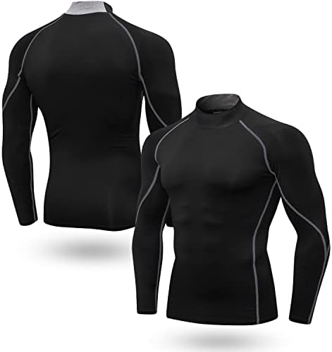 Odoland Mens 3 pacote camisas de compressão de manga longa, camisas de gola alta esportiva, treino ativo da base de base seca fresca