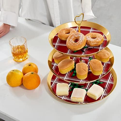 Torre de sobremesa de exibição de cupcakes, plástico de 3 pastelaria em camadas de porção de ouro, treliça vermelha
