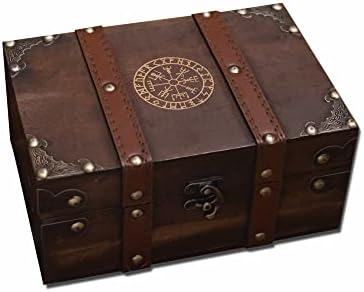 GBRAND 8.3 Madeira e couro A caixa de peito da bússola viking rúnica, caixa de tesouro de madeira gravada em Vegvisir com