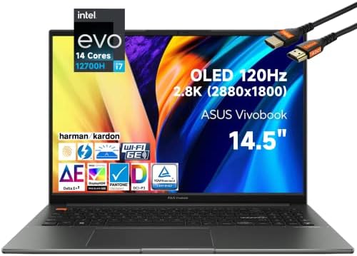 ASUS 2022 mais recente vivebook s 14x 14,5 OLED 2,8K 120Hz Laptop, 14 núcleos Intel EVO 12th Gen I7-12700H, DCI-P3 PANTONE 600NITS 16:10, Wi-Fi 6e, retroiluminado KB, Thunderbolt 4 (12 GB RAM