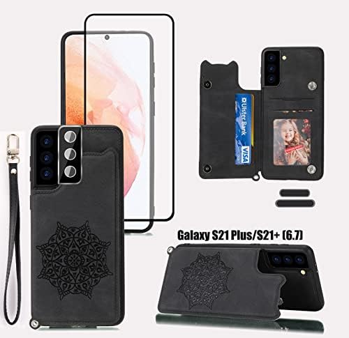 Lmdamz para Galaxy S21 Plus/S21+ 6,7 polegada Caixa de carteira com suporte de cartão, Mandala em relevo em couro Faux PU com pulseira de pulso duplo gast house flip traseiro case com função de suporte função
