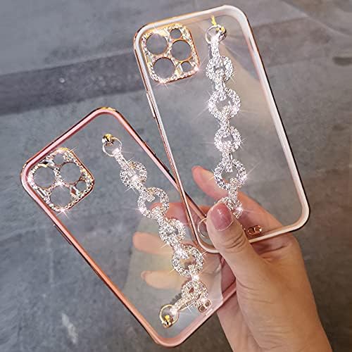 Bonitec Compatível com iPhone 13 CASE Pulseira rosa 3d brilho brilho Bling Strap Luxury Shiny Crystal Rhinestone Diamond Chain