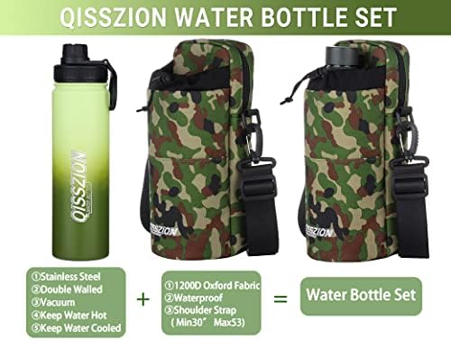 Qisszion aço inoxidável garrafa de água insulada com transportadora e cinta, garrafa de água reutilizável com manga de armazenamento