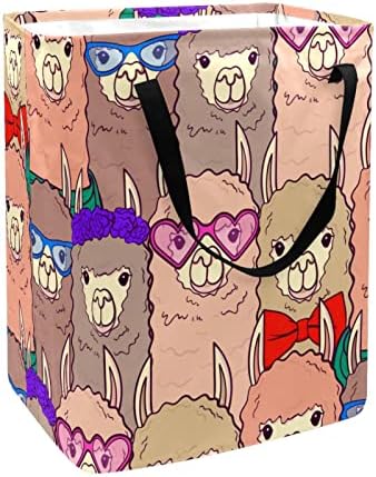 Desenho animado hipster alpaca lamas faces cesto de lavanderia presa, cestas de lavanderia à prova d'água de 60l
