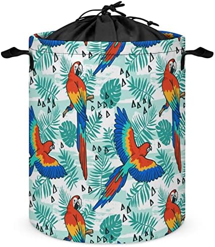 Folhas tropicais e cestas de lavanderia de pássaros de papagaio com alças travessuras de trajes de corte de tração de tração