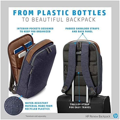 Mochila de laptop renovada HP de 15,6 ”feita com garrafas plásticas recicladas, material resistente à água, alça de bagagem e tiras confortáveis ​​| Marinha