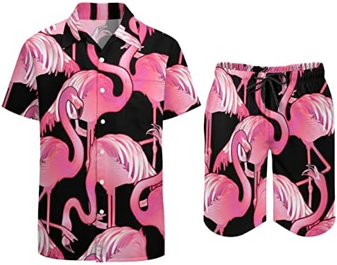 WeedKeycat Cute Flamingo Men's Beach Roupa de 2 peças Button Hawaiian Down Camise