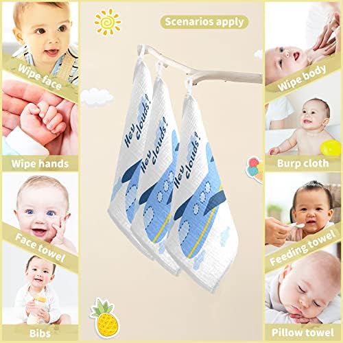 Vvfelixl Baby Muslin Whilloths, Blue Plane Hey nuvens panos de bebê arroto, toalha de raciã de algodão para bebês para recém -nascidos meninos meninas macias e absorventes 11,8 x 11,8 pol.