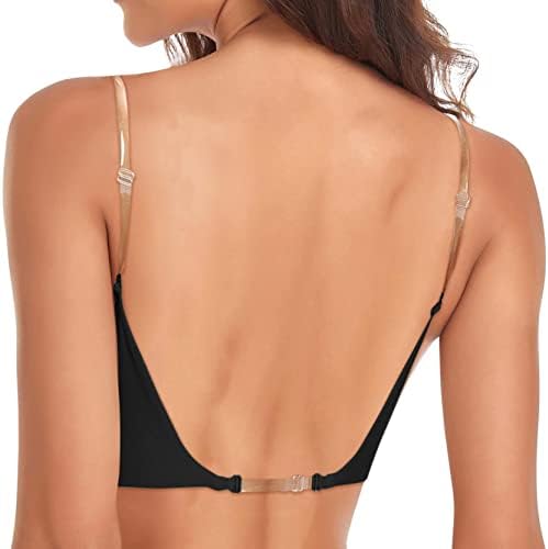 Ertupe Women Low Cut Deep U Brilhão de sutiã acolchoado V Forma V Bras sem costas com tiras transparentes conversíveis