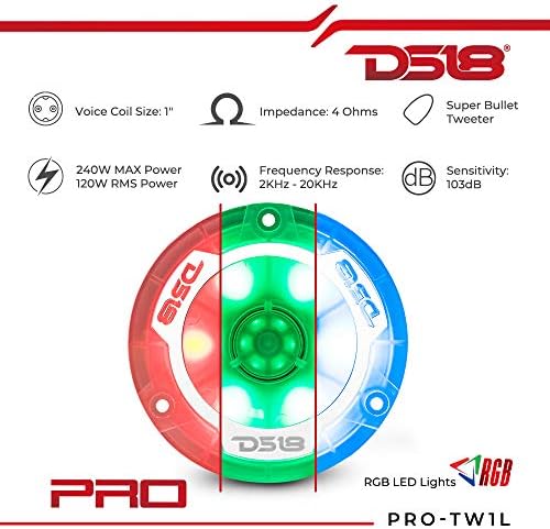 DS18 PRO -TW1L 3,8 RGB Aluminium Super Bullet Tweeter - 1 Bobina de voz, corpo de policarbonato e bala, 400W Max, 200W RMS, 4 ohms,