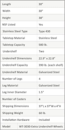 Tabela de trabalho em aço inoxidável com 2 prateleiras com rodízios | Tabela de utilidade de metal | Tabela de utilitário NSF