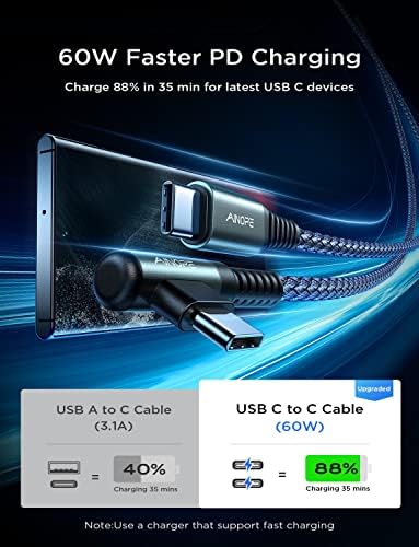 AinOpe 60W USB C TO USB C CABO DE 4 PACOTE C TIPO CO TIPO C Tipo C ângulo reto ângulo Super Fast Fast Charge USBC to USBC Cord 10ft+6,6ft+3,3ft+3,3ft Samsung S22 S22, nota 20 Ultra, iPad Pro/Air