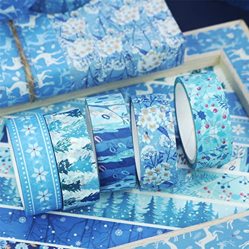 Yubbaex 10 Rolls Four Seasons Washi Fita Definir Blue Snowflake Mascare fitas decorativas