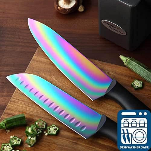 Kya35 14 PCs Rainbow Titanium Coating Cutlers Knives Block Set + Marco Almond Kya77 revestido de titânio Rainbow Digital