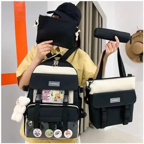 Kawaii Backpack Kawaii Pingentes e Acessórios de Pins 4pcs com crachá e pendente, bolsa de ombro, caixa de lápis, bolsa