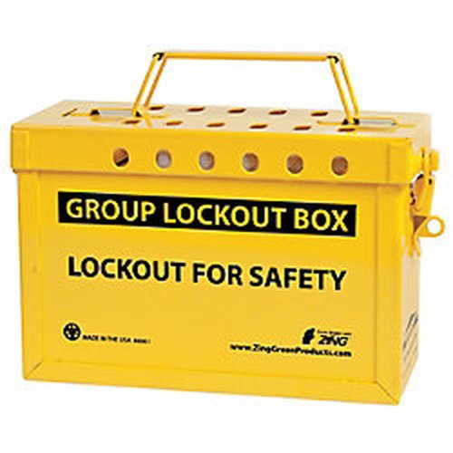 Caixa de bloqueio do grupo de reciclockout Zing 6061, 10 comprimento x 4 largura x 6 altura, aço inoxidável reciclado, preto em amarelo