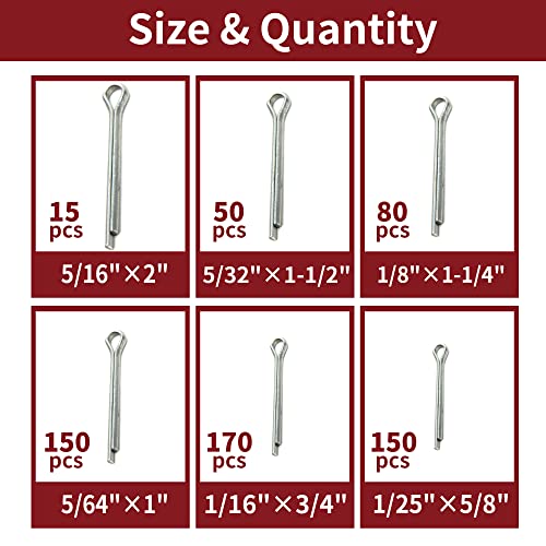 Kit de variedade de pinos de gancho de cabelo de 615pcs de 615pcs, 6 tamanhos de clipes de pino dividido em zinco pesado, 5/16 5/32 1/8 5/64 1/16 1/25 Pinos de metal.