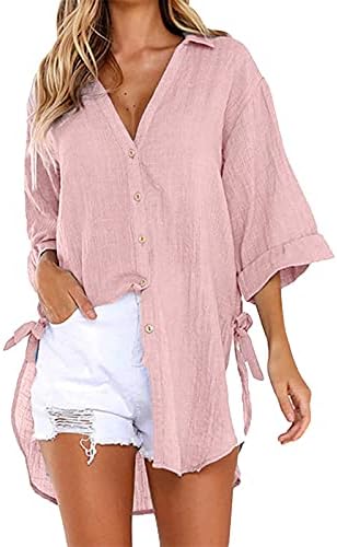 Camista feminina Top Summer Summer Loose Button Vestido de camisa longa Top algodão Ladies Treino casual Tops T-shirt Women Tunic Top Top