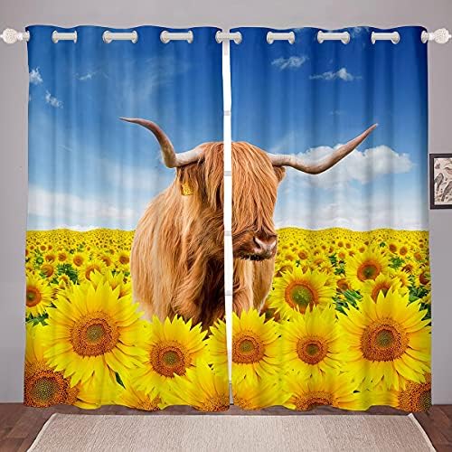 Cortinas de gado das terras altas erosebridal, adolescentes de girassóis amarelos cortina escurecendo garotos vaca animal selvagem