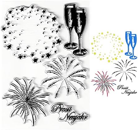 Fireworks Stars Campagne Cup Clear Stamps com sentimentos, fogos de artifício padrão de borracha de borracha selos