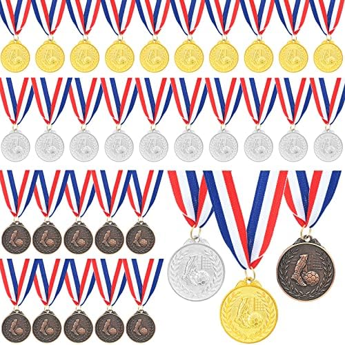Kenning 36 peças Medalhas de bronze de prata dourado Conjunto de medalhas de futebol Troféus de futebol olímpicos com fita
