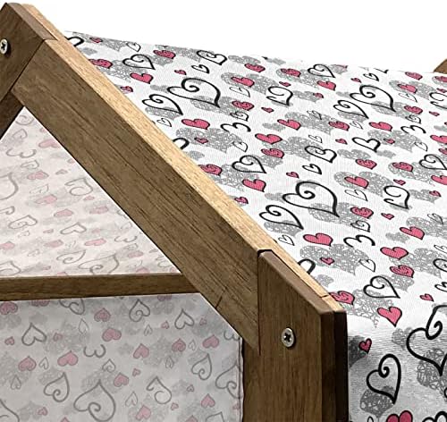 Ambesonne Love Wooden Pet House, Romantic Sketch Style Hearts Corações Valentines Valentines Birthday Padrão de aniversário, cão portátil interno e externo com travesseiro e cobertura, grande e cinza branco rosa quente