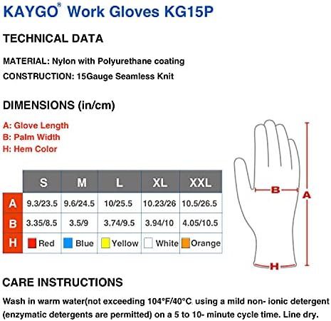 Luvas de trabalho Kaygo pares revestidos com PU-12, kg15p, nylon lite poliuretano Luvas de trabalho de segurança, com revestimento